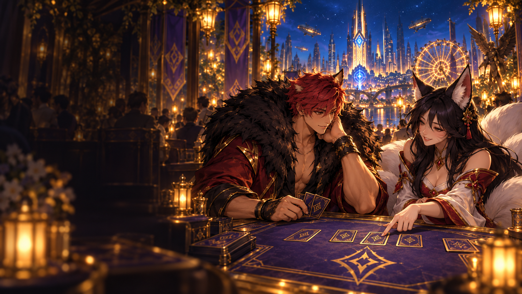 Ahri helps Sett learn cards beneath the tournament lanterns